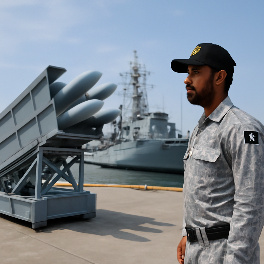 Pakistan Navy personnel standing by launcher near naval vessels.