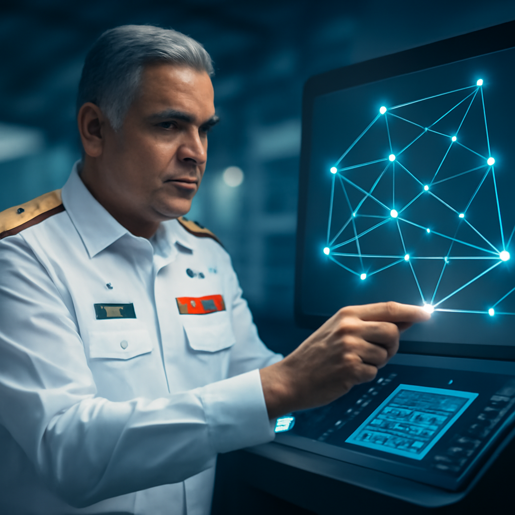 Pakistan Navy Admiral Naveed Ashraf stands near a screen displaying a mesh network diagram, with naval vessels in the…