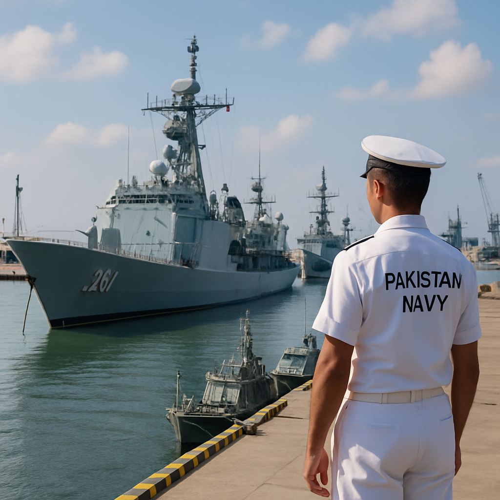 Pakistan Navy personnel overlooks a fleet of warships and support vessels docked in a harbor.