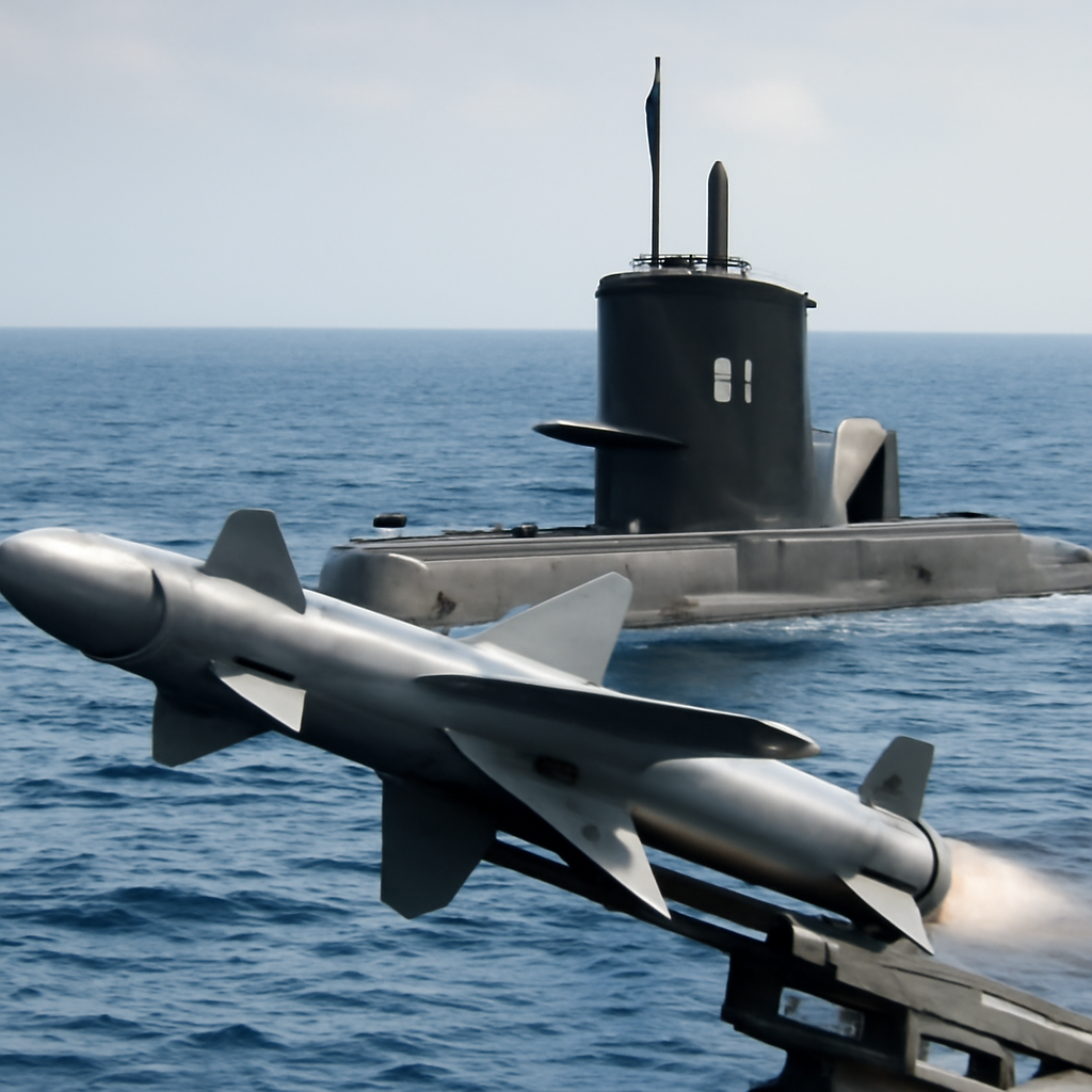 Pakistan Navy submarine with missile launcher and CM-708UNB anti-ship missile on launch pad.