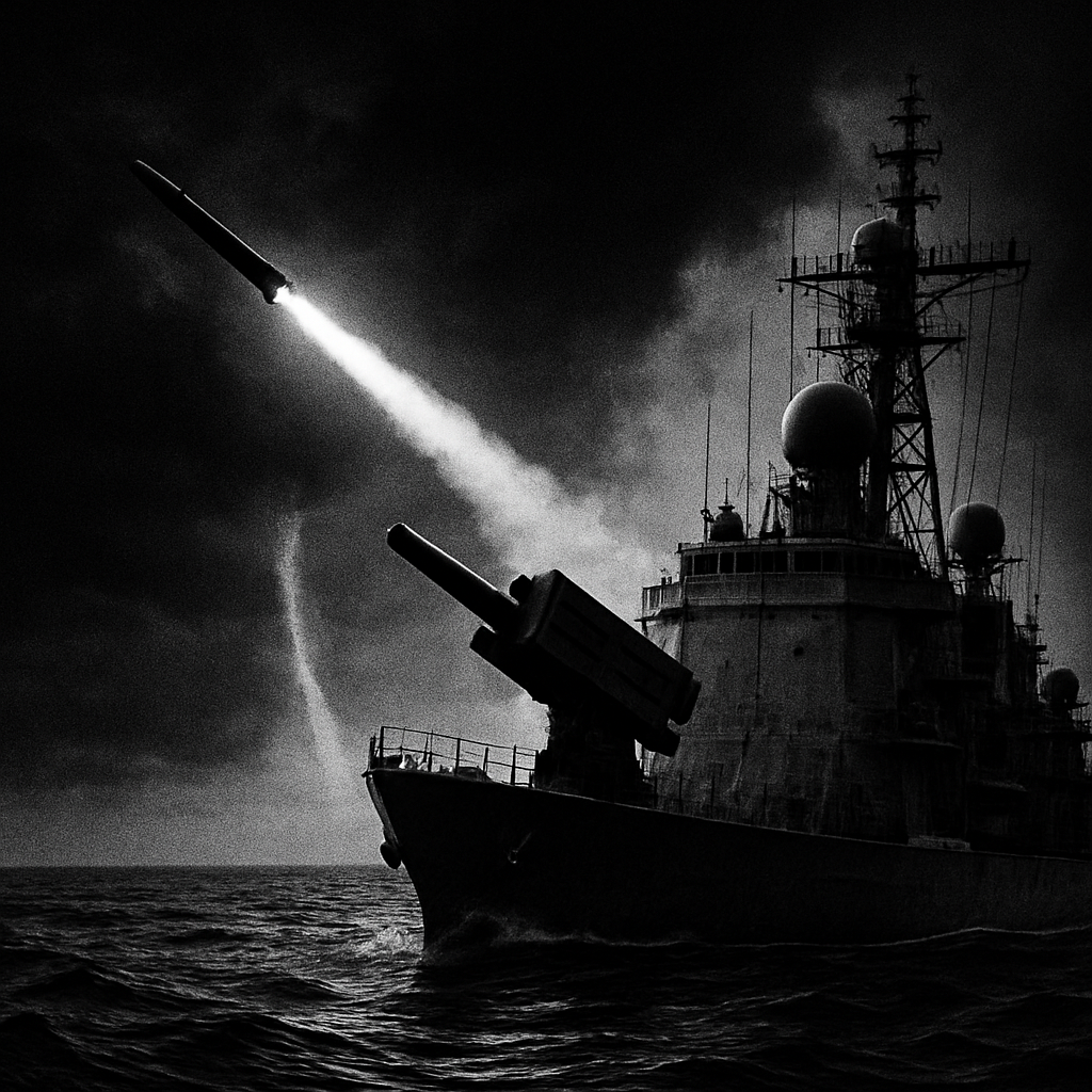Warship at sea with missile launcher aimed horizonward under ominous storm clouds.