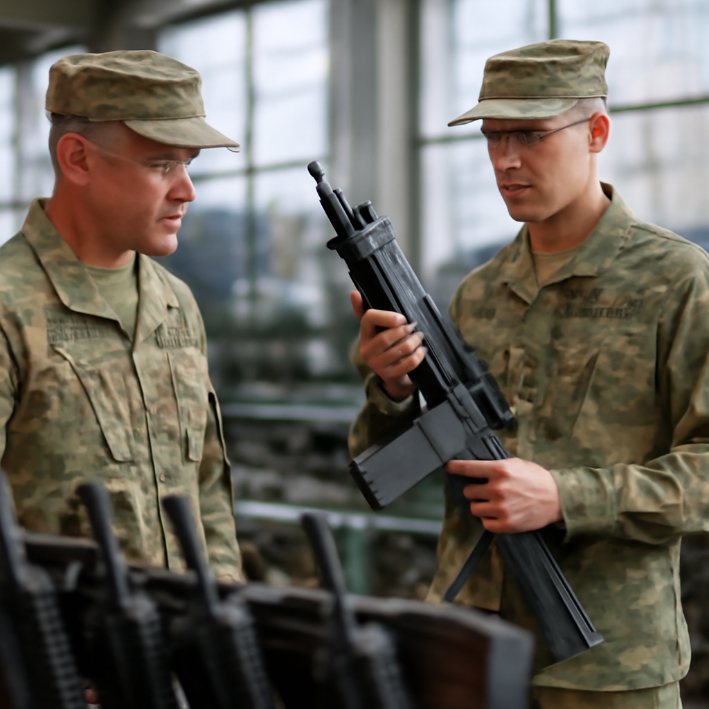 Military officer inspects gas-operated assault rifle on factory floor.