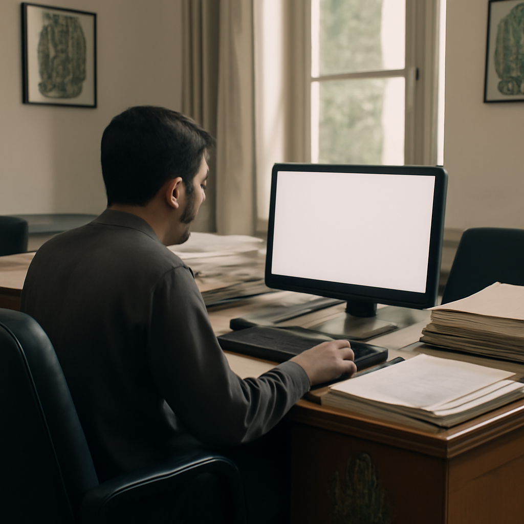 Government office worker in Pakistan using a computer amidst papers and files near a window.
