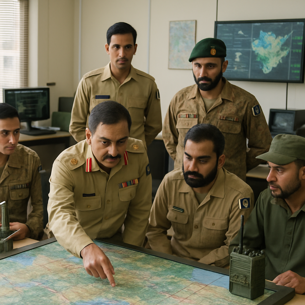 Military personnel gather around a large map display table in a command center.