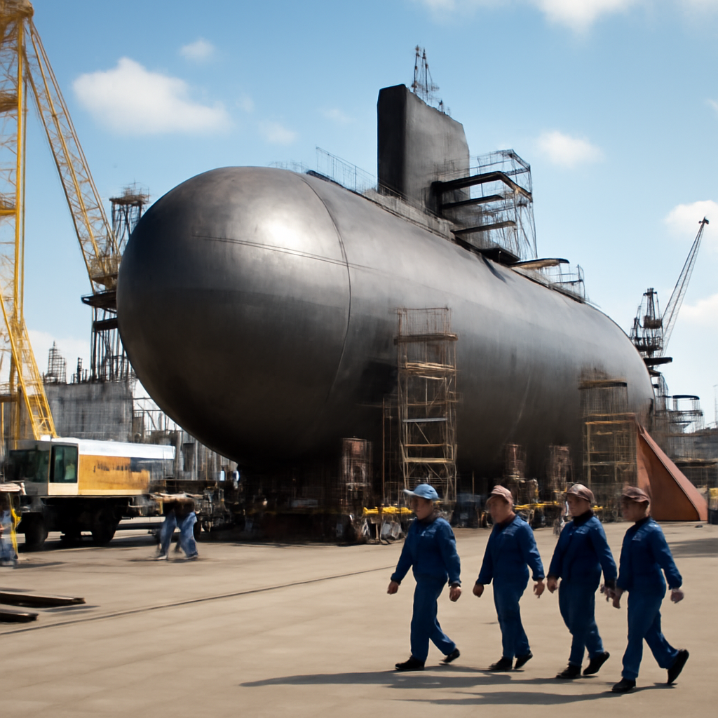 Workers in a shipyard surround a partially-built submarine hull with construction equipment.