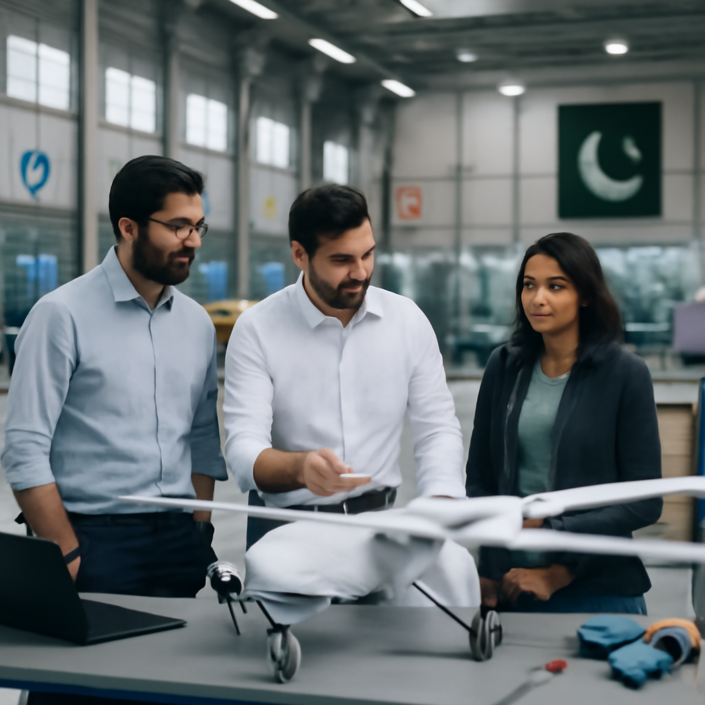 Engineers gather around a drone on a workbench in a brightly-lit Pakistani industrial facility.