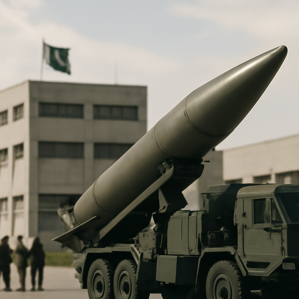 Pakistani military facility with ballistic missile launcher in foreground.