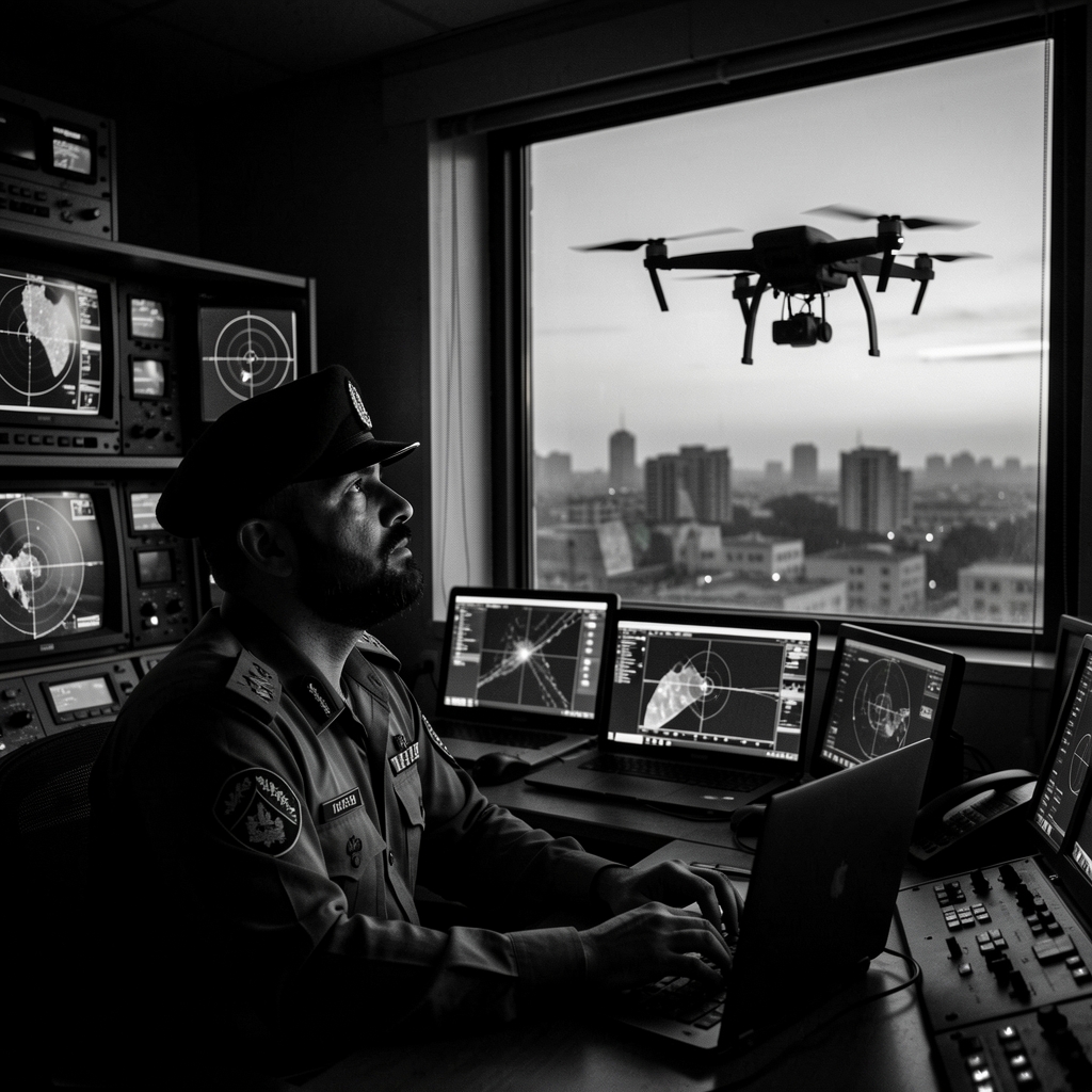 Pakistani military officer monitors drone outside operations room window.