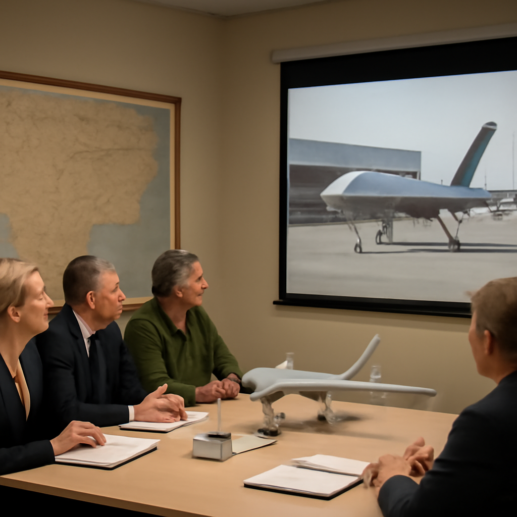 Military officials surround a drone on a launchpad at a government facility.