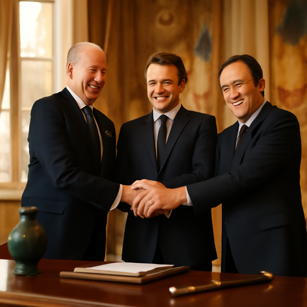 Three national leaders stand together in a formal ornate room with daylight streaming in.
