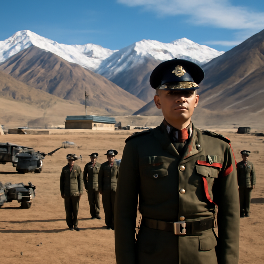 Military personnel stand at attention near a command center and Indian Army vehicles in a high-altitude mountainous region.
