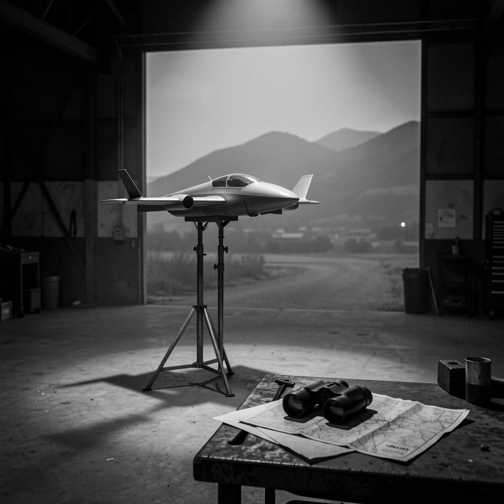 Sleek jet-powered drone on a stand in a dimly lit hangar with a distant mountain range and abandoned map and binoculars.