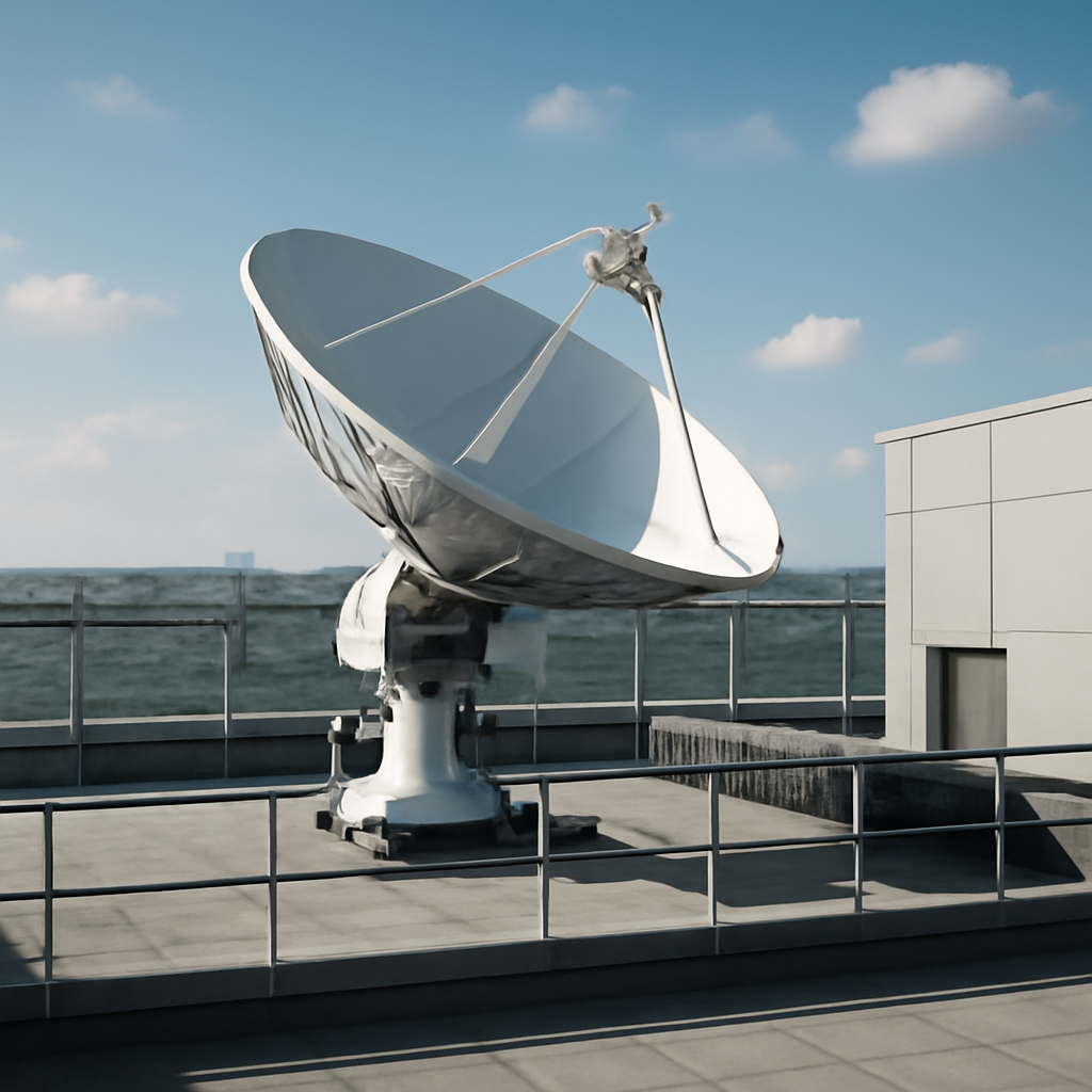 Modern satellite equipment on a rooftop with a cityscape background.