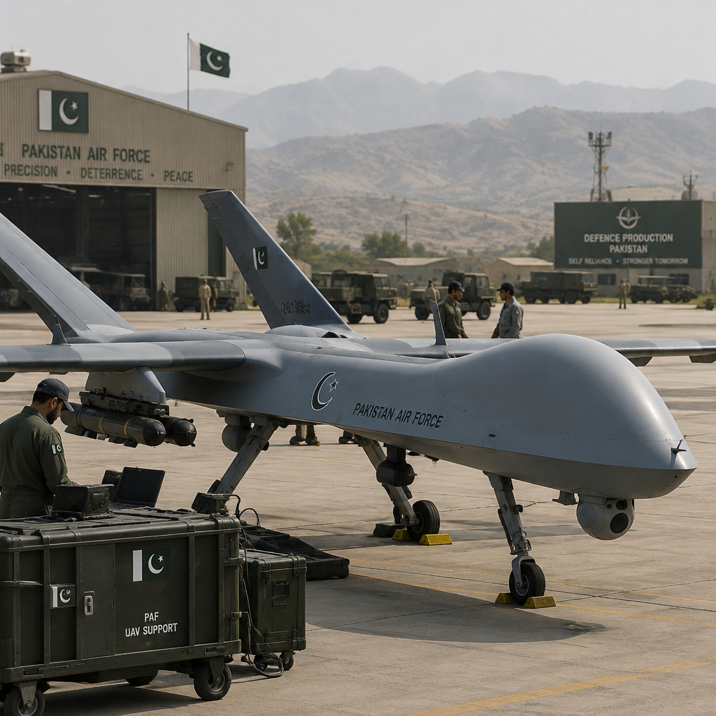 Modern drone or precision-guided munition launcher at Pakistani military airbase or defense facility.