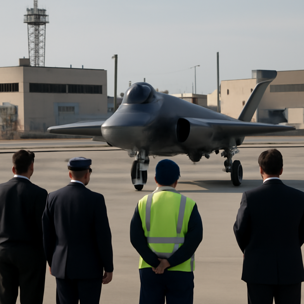 Officials observe a sleek, modern fighter jet on a runway or in a facility.