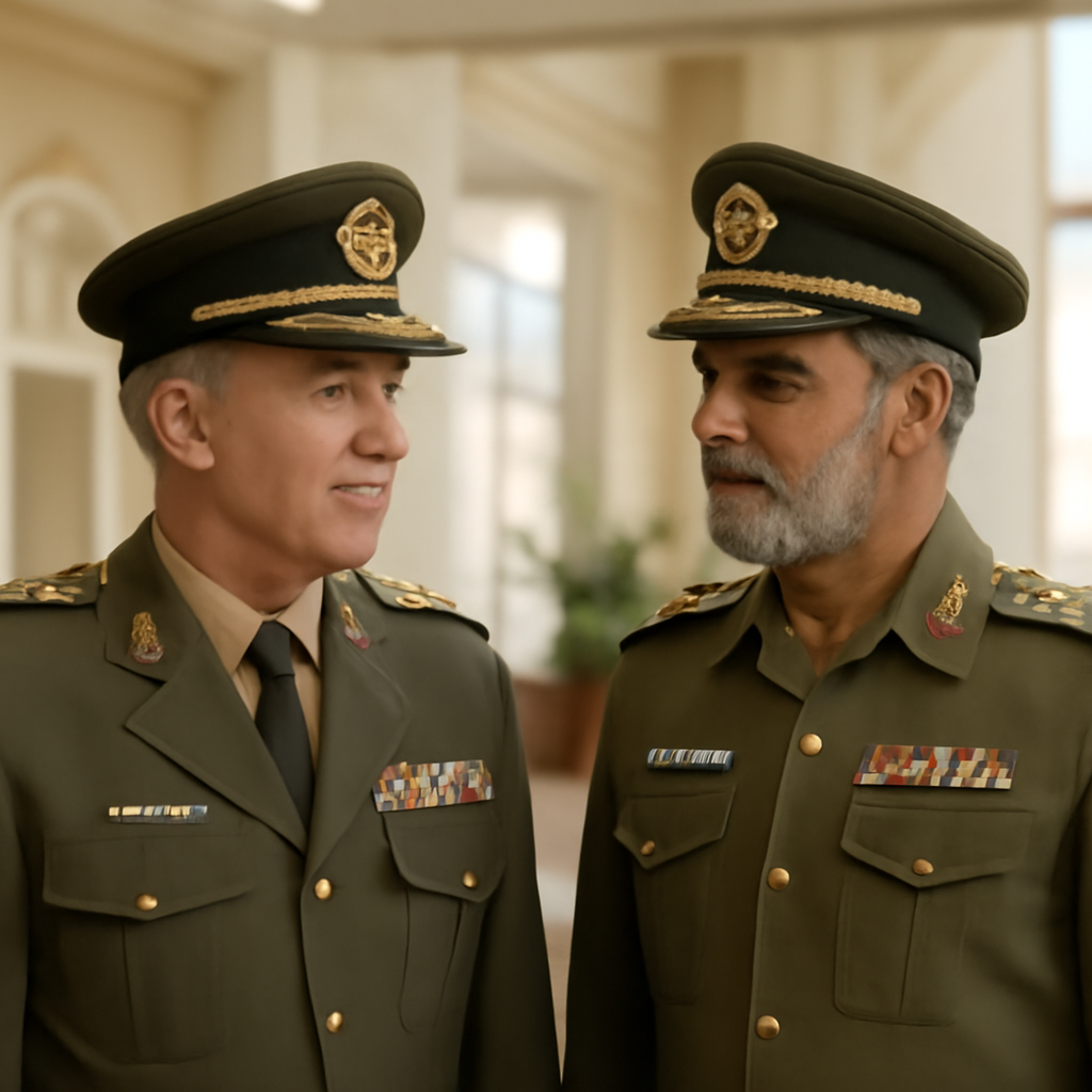 Two dignitaries in military uniforms stand side by side in a formal setting, looking at each other.