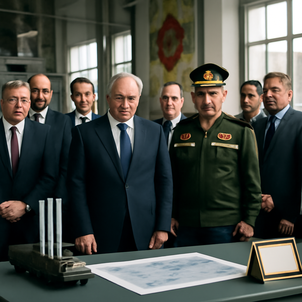 Officials gather in a defense facility with industrial and governmental elements.