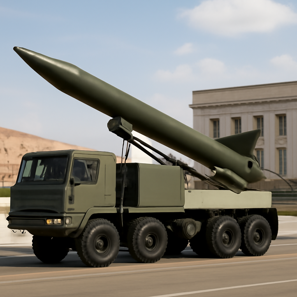 Fatah-1 precision rocket system on display at a military parade under bright daylight.