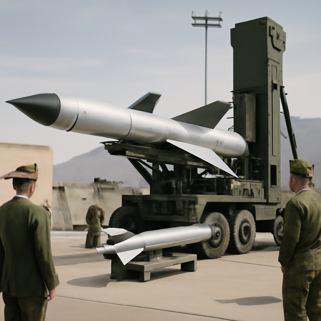 Military personnel surround a transporter-erector launcher at a desert or mountainous base.