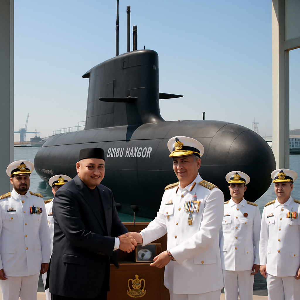 Pakistan's President and Naval Chief stand at a ceremony as a modern submarine looms in the background.