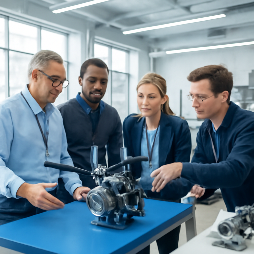 Engineers gather around a workbench displaying a small drone engine in a modern laboratory setting.
