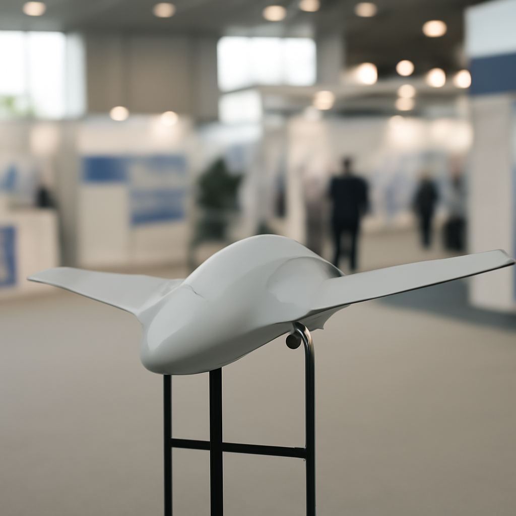 Sleek delta-wing loitering munition on display at indoor expo.
