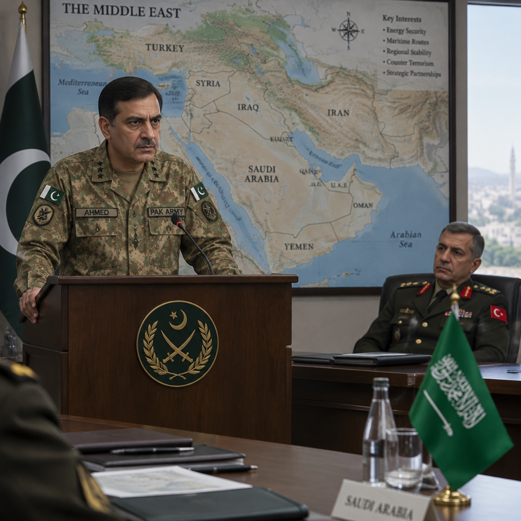 Military officers from Pakistan, Turkey, and Saudi Arabia in a briefing room with a Middle East map.