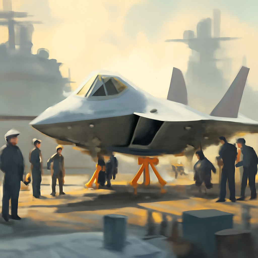 Modern fighter jet model on display at naval shipyard surrounded by personnel.