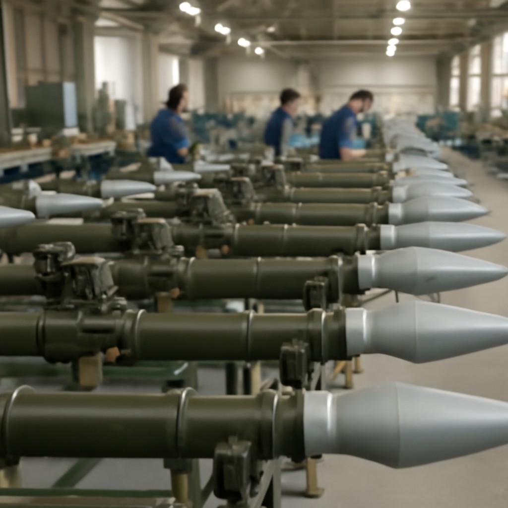 Rows of Anza MANPADS missile systems in various assembly stages on a production line with workers in the background.