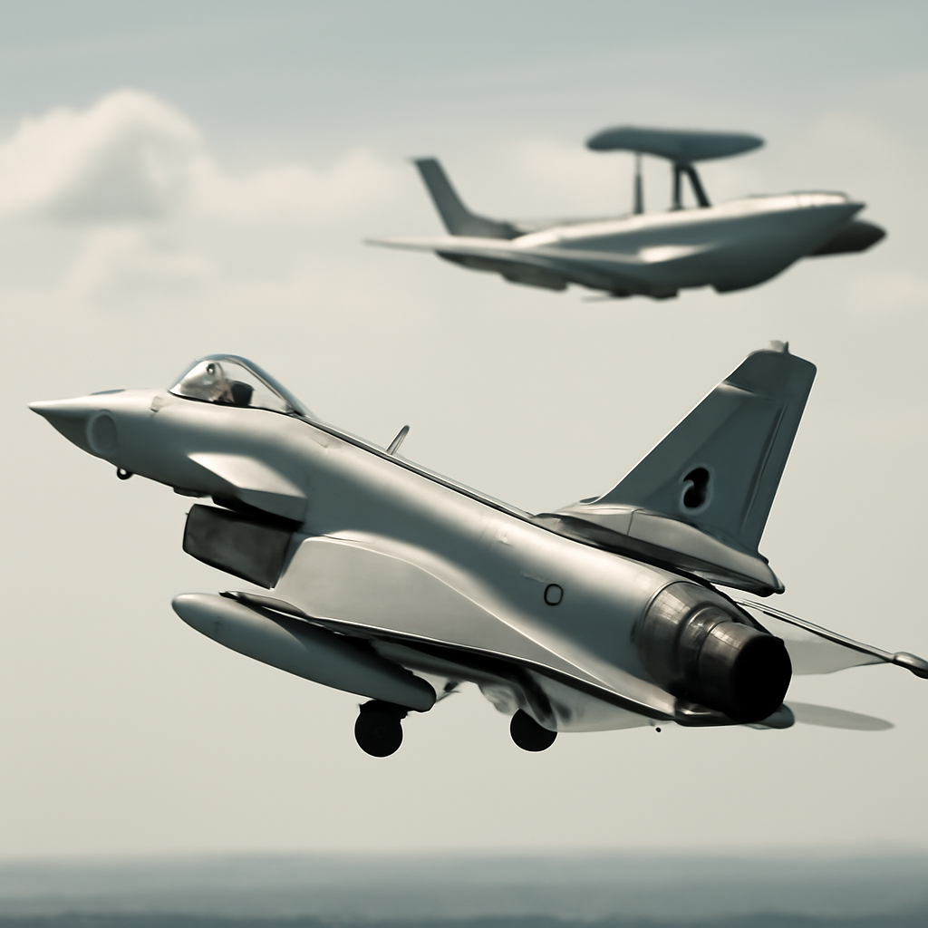 Pakistan Air Force J-10C fighter jet flies with Erieye plane in background.