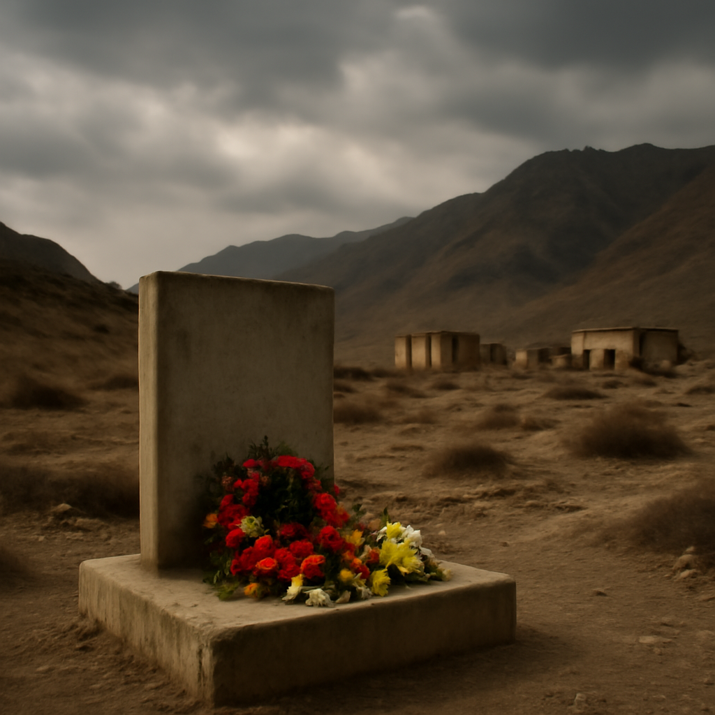 A weathered memorial stands in a desolate, rugged Balochistan landscape.
