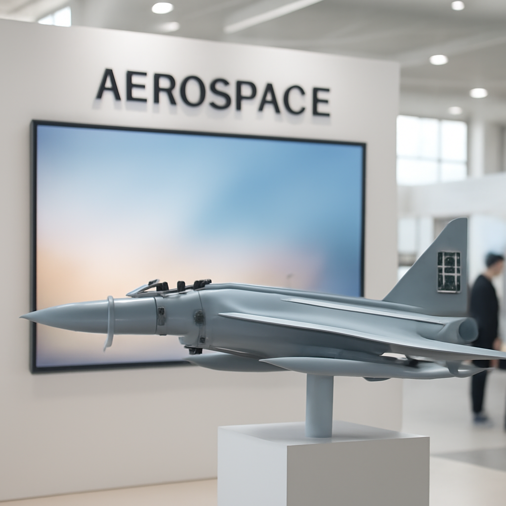 Sleek aerospace display featuring an interceptor model and abstract screen.
