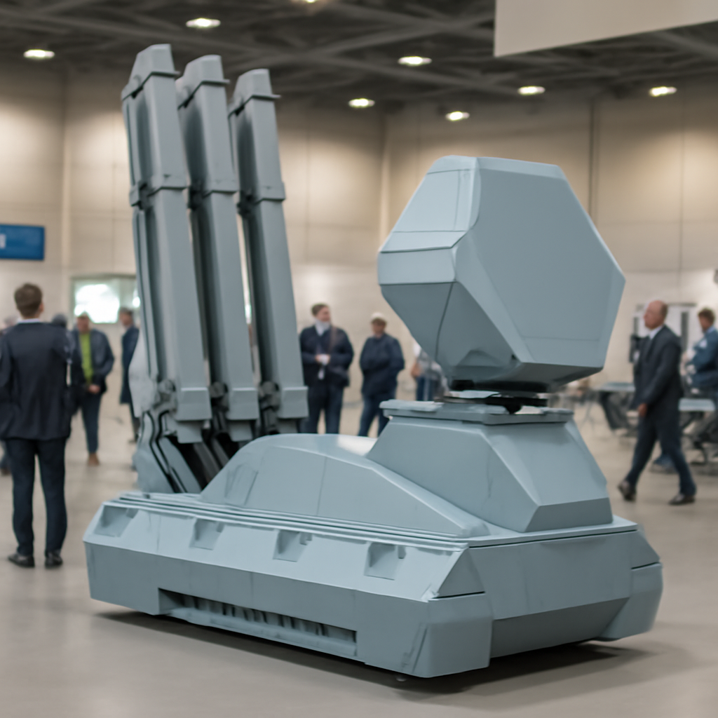 Modern air defense system on display at a defense industry exhibition with attendees in the background.