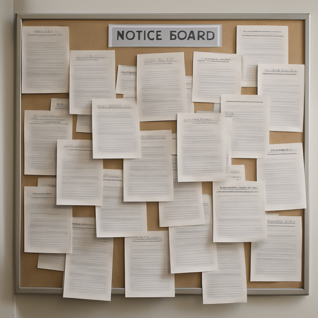 Cluttered bulletin board with numerous overlapping paper notices in a neutral setting.
