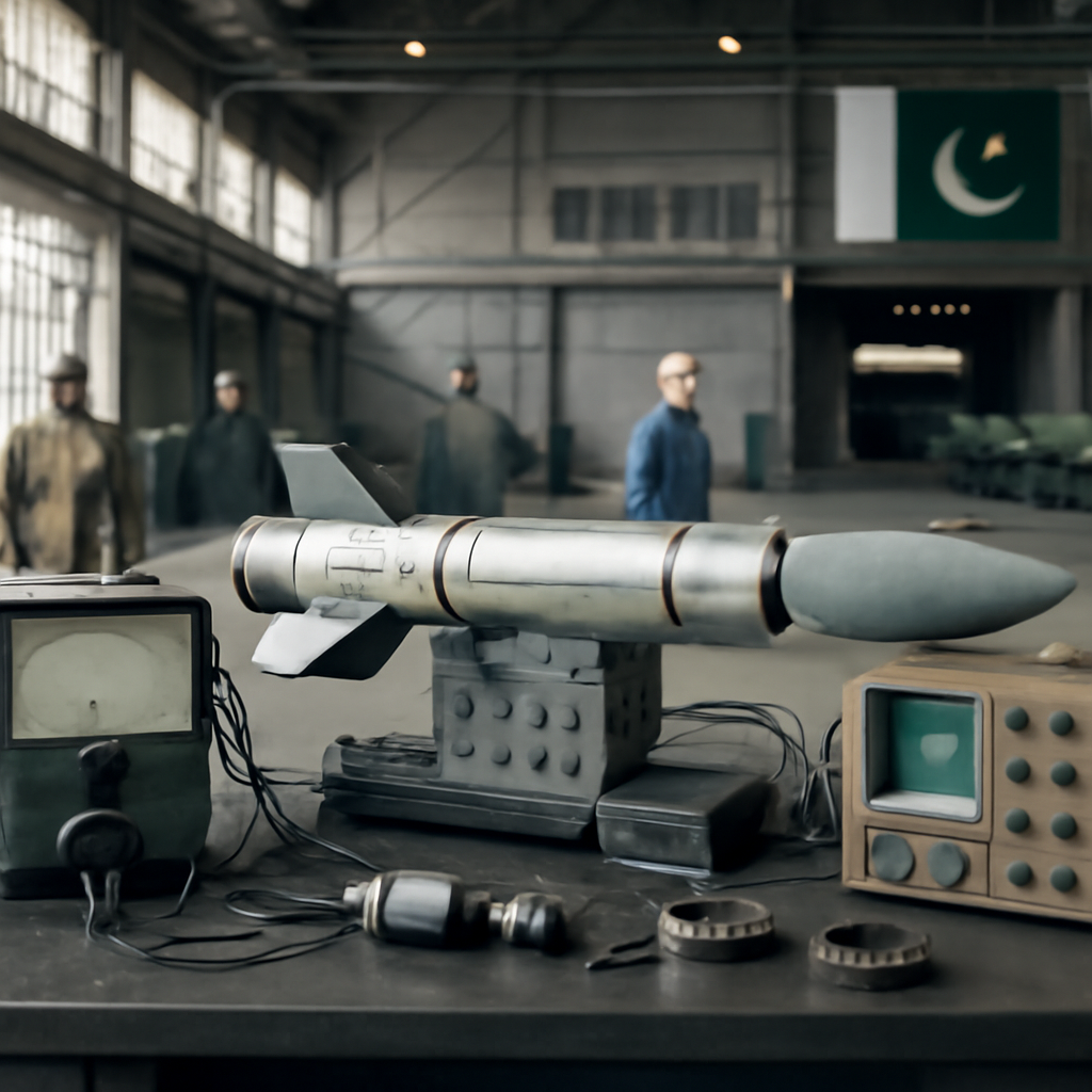Defence industry facility in Pakistan with testing equipment and large hangar.