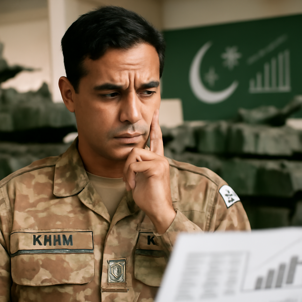 Pakistani military personnel looks concerned in front of defense equipment and blurred financial documents.