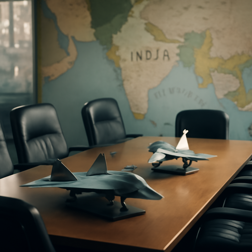 Negotiating table with Su-57 and Rafale models, empty chairs, and South Asia map in background.