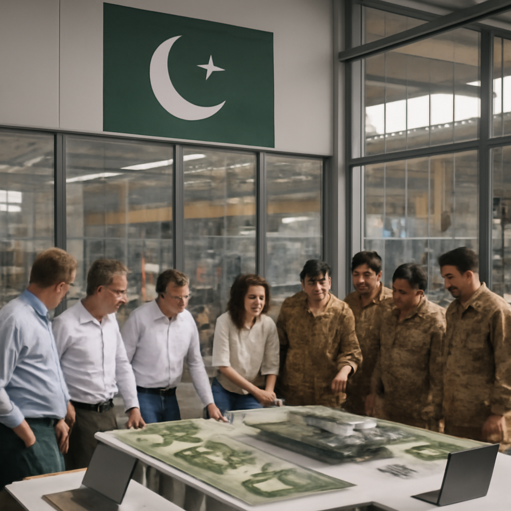 People in business and military attire gather around a defense project model at a modern Pakistani industrial facility.