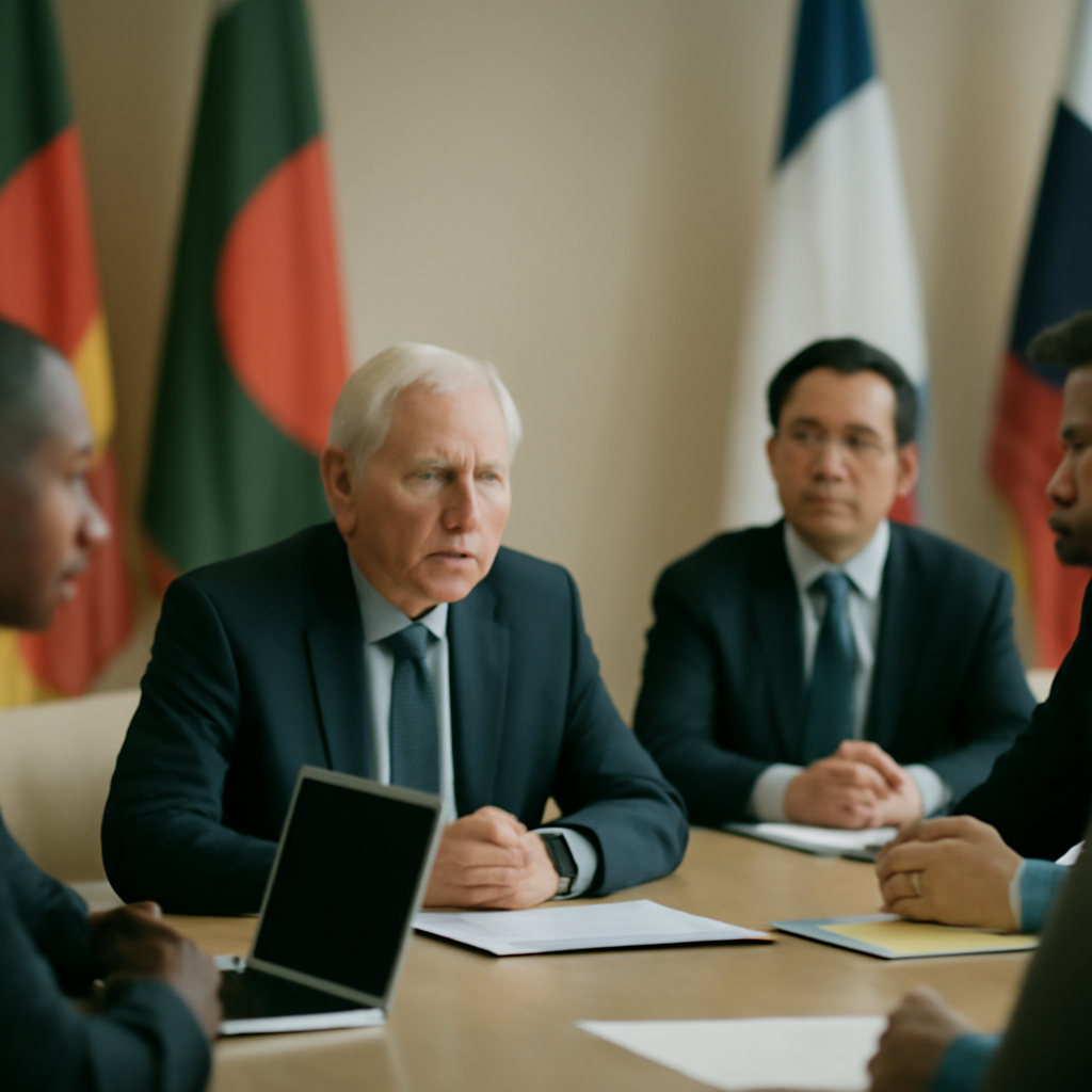 Officials from various countries seated around a table with national flags and emblems in a diplomatic meeting setting.