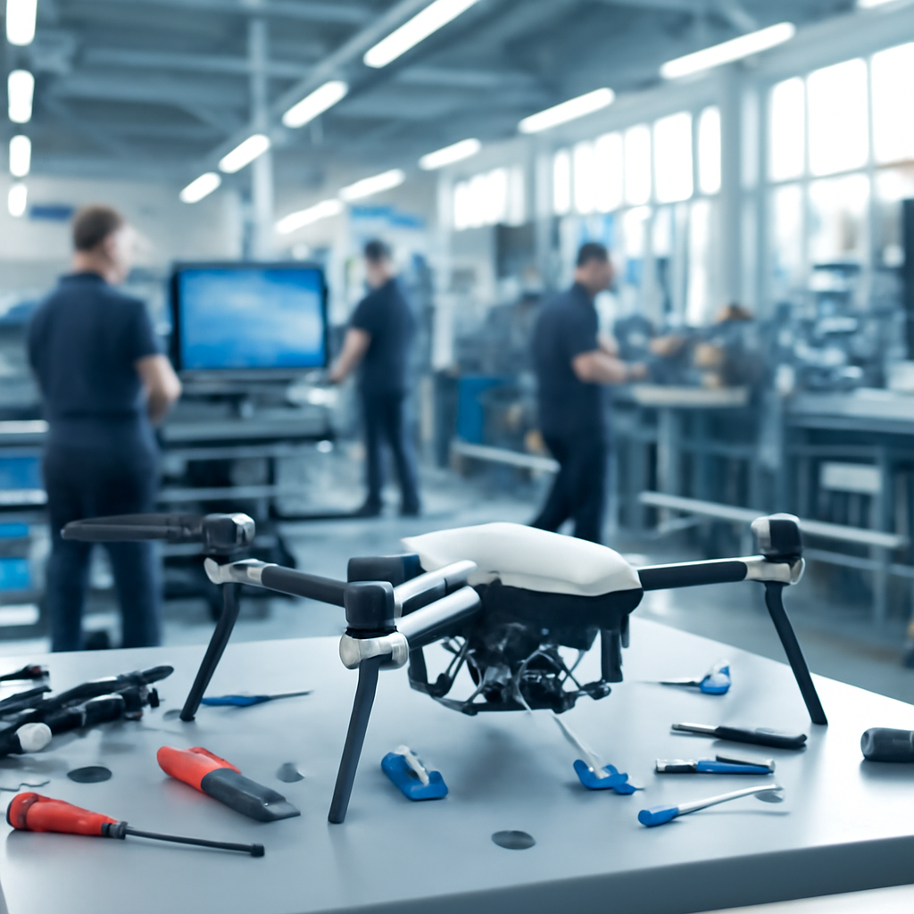 Technicians work on a partially assembled drone at a modern industrial facility.