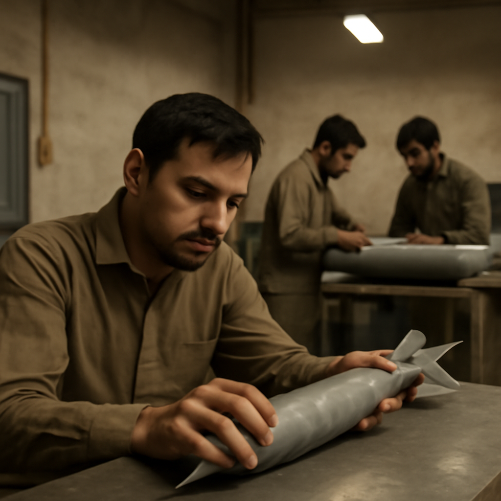 Engineers work on a defence project in a modest industrial room.