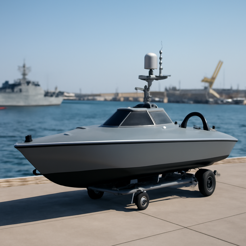 Modern unmanned surface vessel docked at a naval base or coastal defense facility.