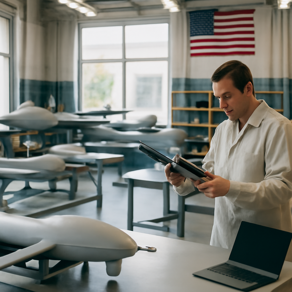 Workbenches with partially-assembled drones and components in a bright, government research facility workshop.