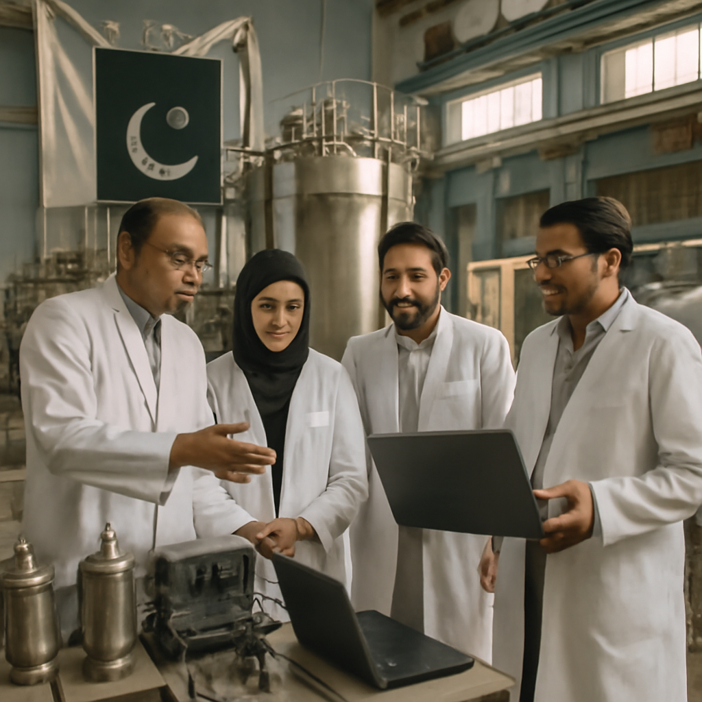 Scientists and engineers collaborate at a Pakistani nuclear facility surrounded by equipment and technology.