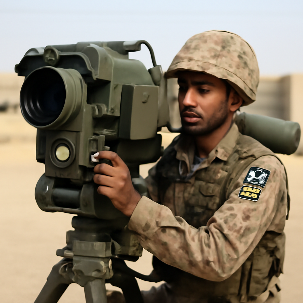 Pakistani soldier operates RBS 70 air defence system in desert setting.