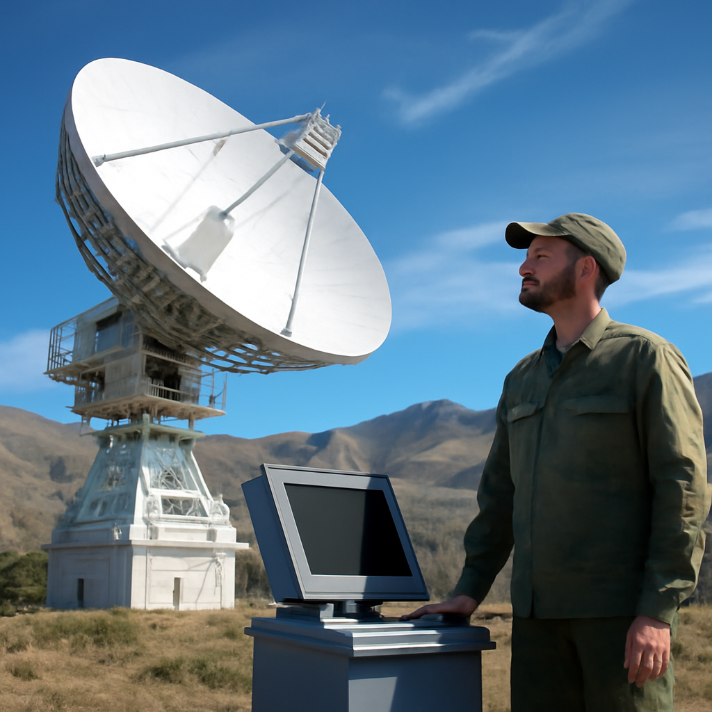 Technician standing near console in remote mountainous region with satellite equipment.