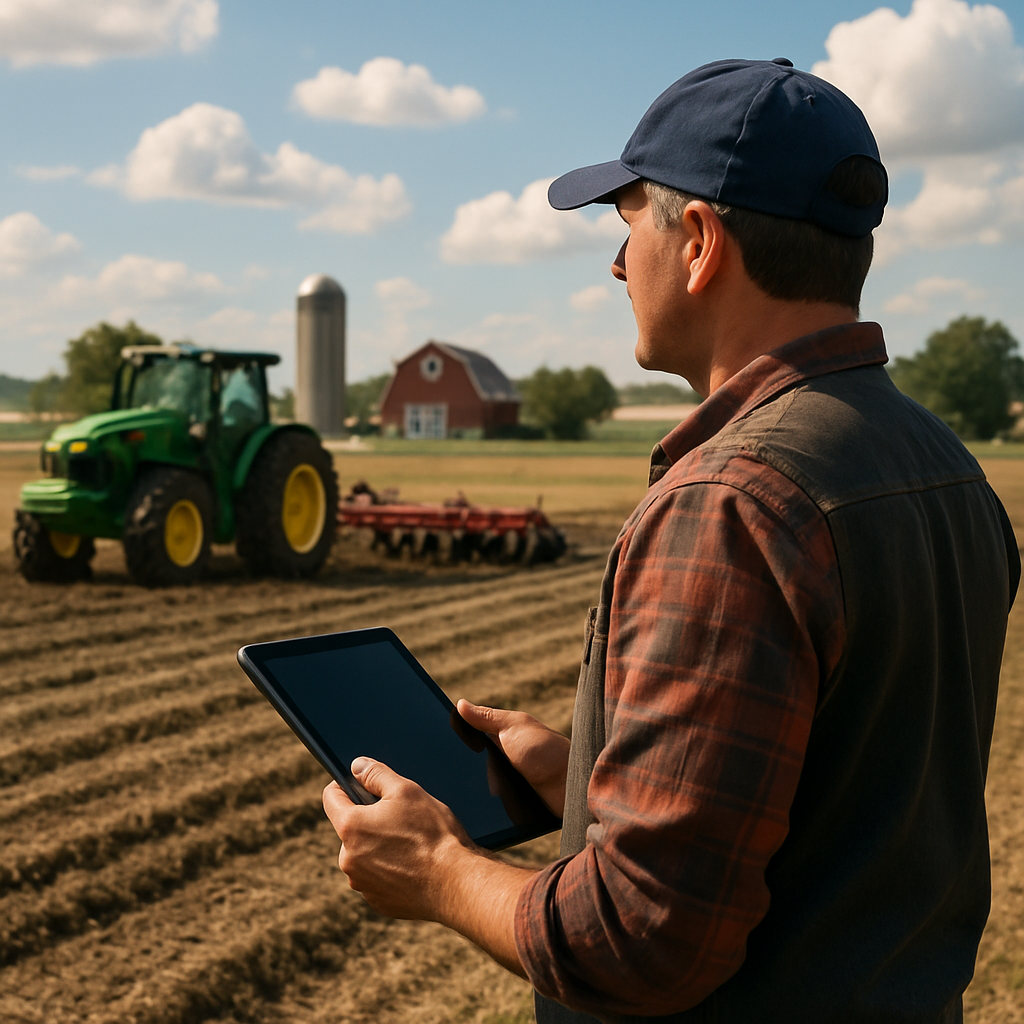 Farmer with tablet surveys land amidst modern and traditional farm equipment.