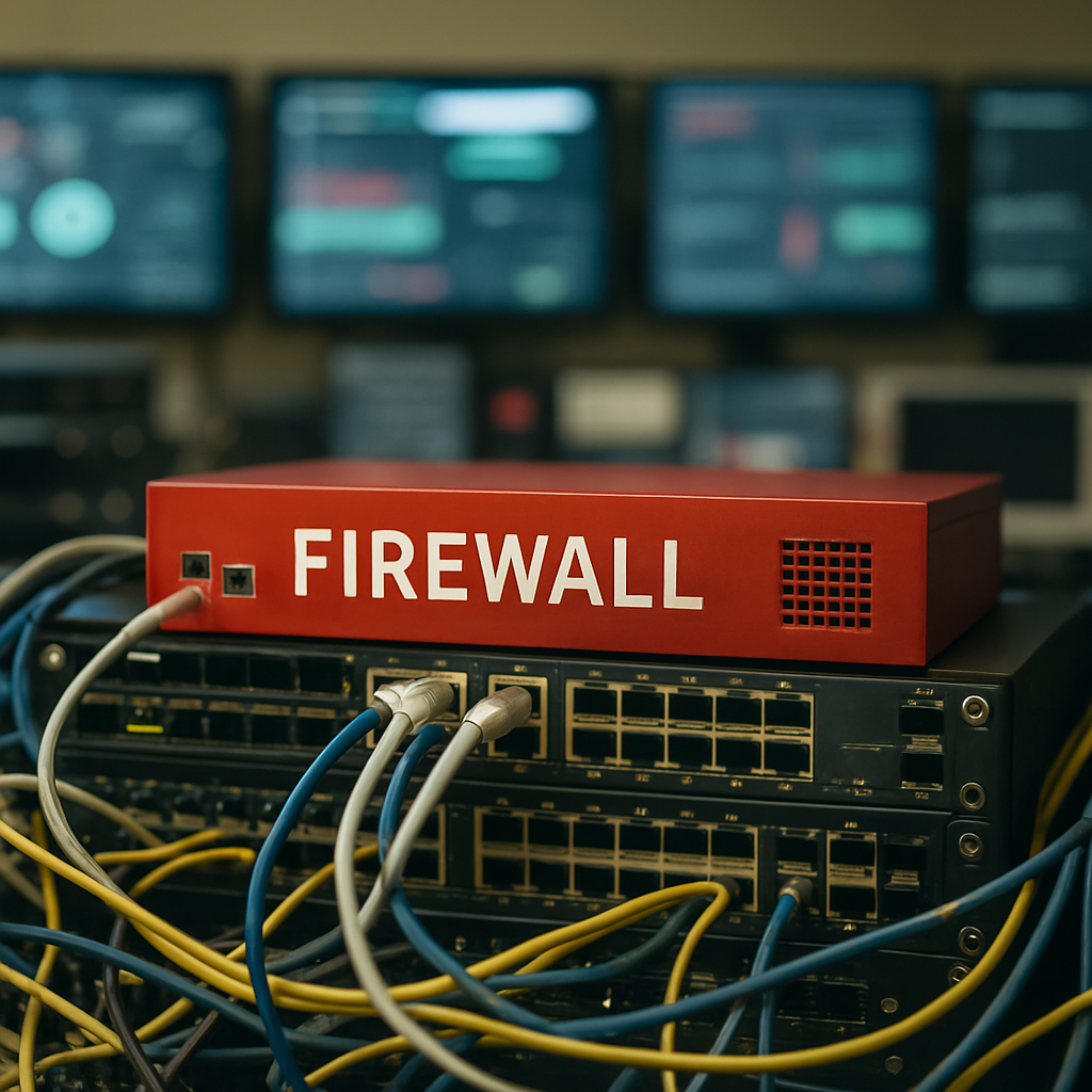 Network equipment and cables surround a central firewall device in a data center.