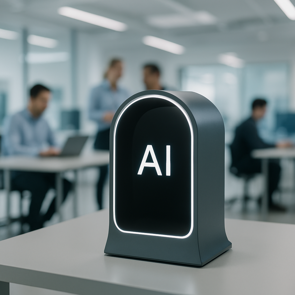 Modern tech facility interior with AI device prototype on display.