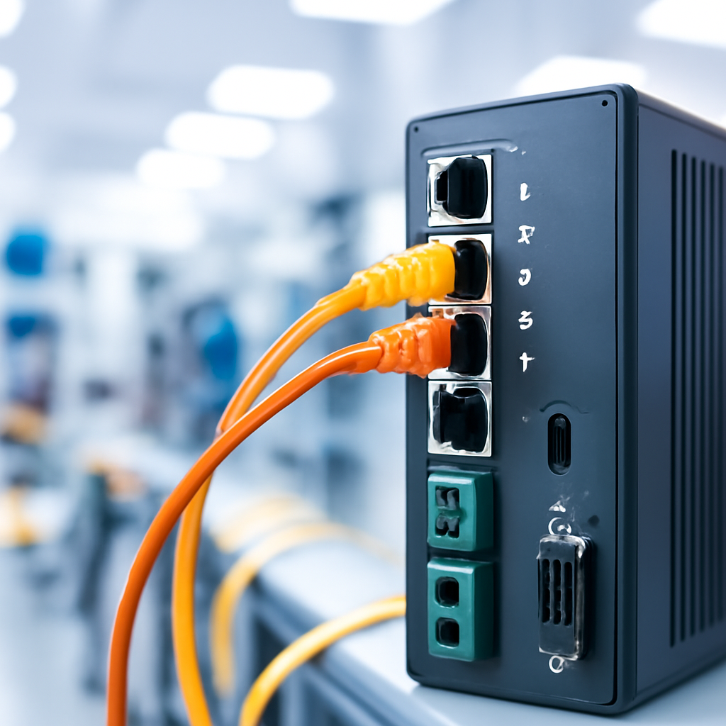 Network device in a brightly-lit tech environment with blurred background infrastructure.